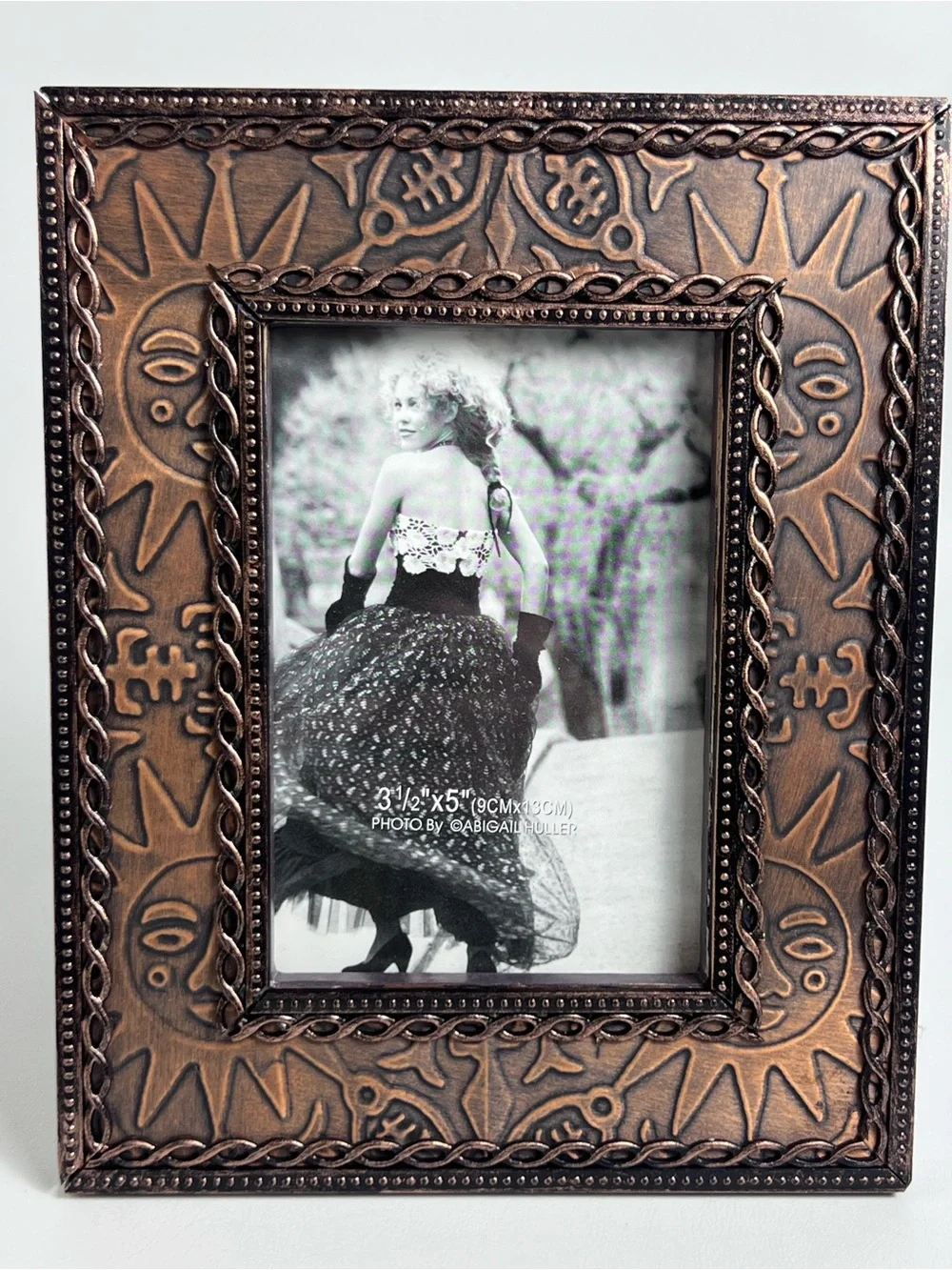 Rustic Cooper Embossed Celestial Sun Tribal Motif 3.5” x 5” Picture Frame